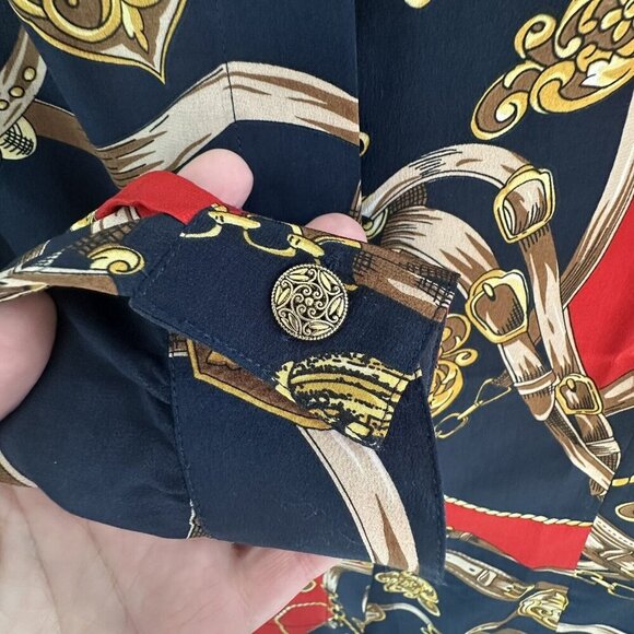 Vtg Stephanie Andrews 100% Silk Navy Red Button Dwn Blouse XS Corpcore Old Money - Picture 4 of 9